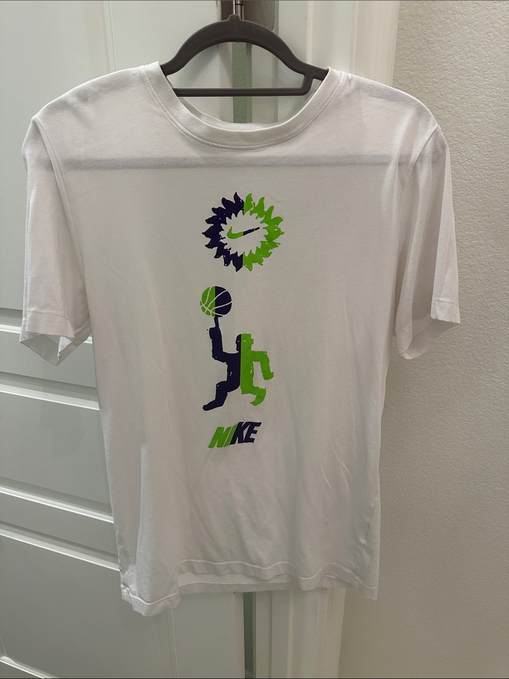 Nike White Short Sleeve Basketball Graphic Tee with Neon Green & Navy Accents